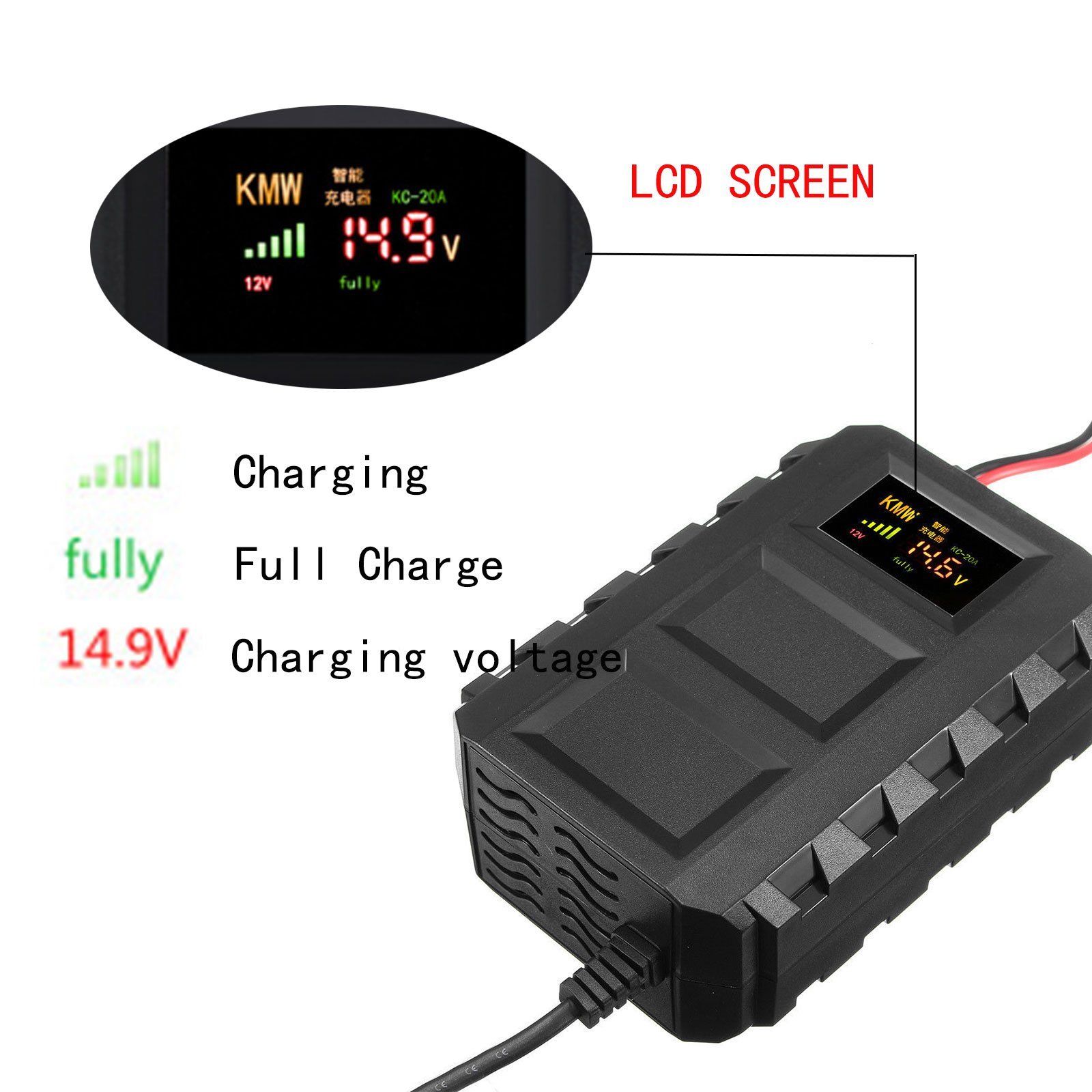 Car Battery Lead Acid Charger Automobile Motorcycle 12V 20A Intelligent LCD