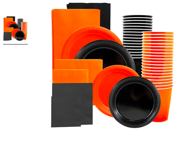 Party Supply Assortment, Orange & Black, Plates (2 Sizes), Napkins (2 Sizes), Cups & Tablecloths, 12/Set